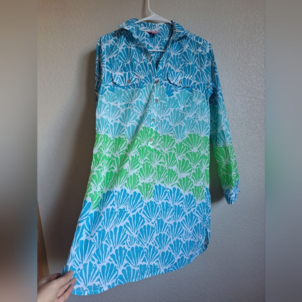 Lilly Pulitzer Captiva Tunic Blue Green Shell Print Longsleeve Button Up Size XS - Picture 5 of 12